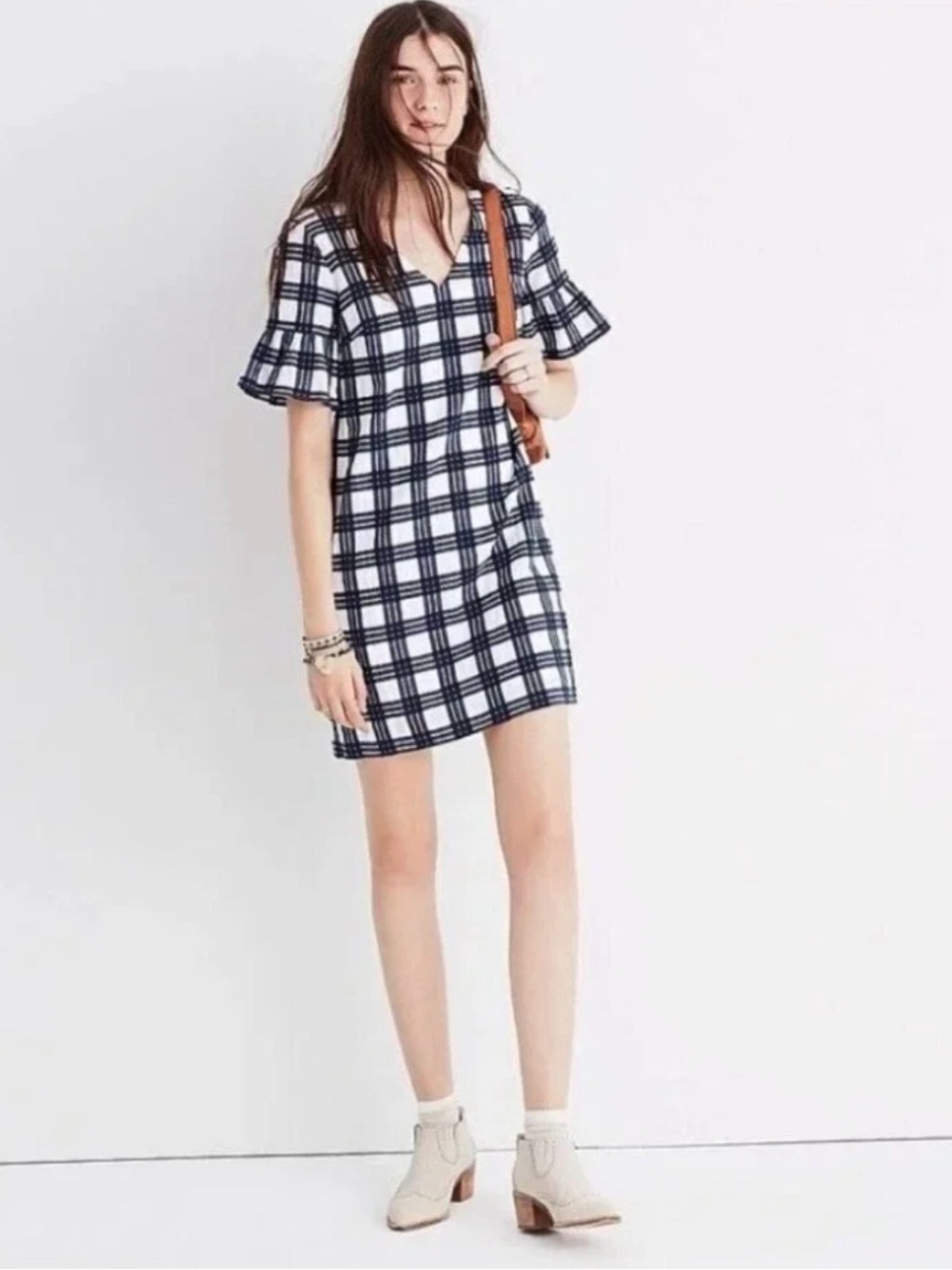 Madewell Size 6 Navy White Plaid Leighton Mini Shift Dress